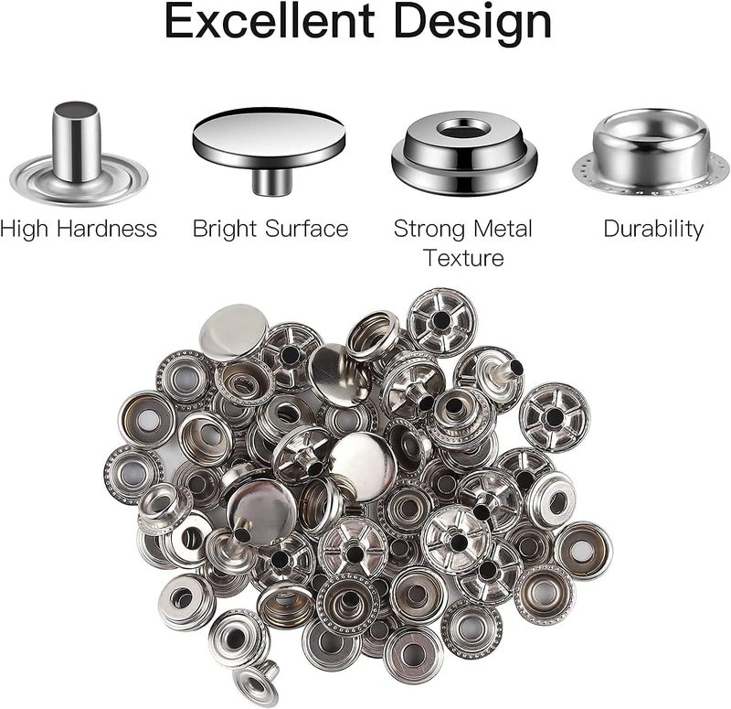 Moocci 5/8 inch (15mm) Leather Snap Fastener Kit Tool 200 Pcs (50 Sets) Snaps for Leather Stainless Snap Buttons for Bag, Jeans, Clothes, Fabric (Silver+Black) - Image 4
